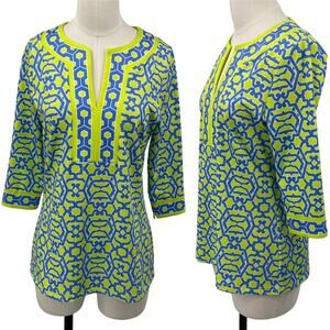 Gretchen Scott Designs Split Neck Top Geometric Printed Green Blue Womens Small